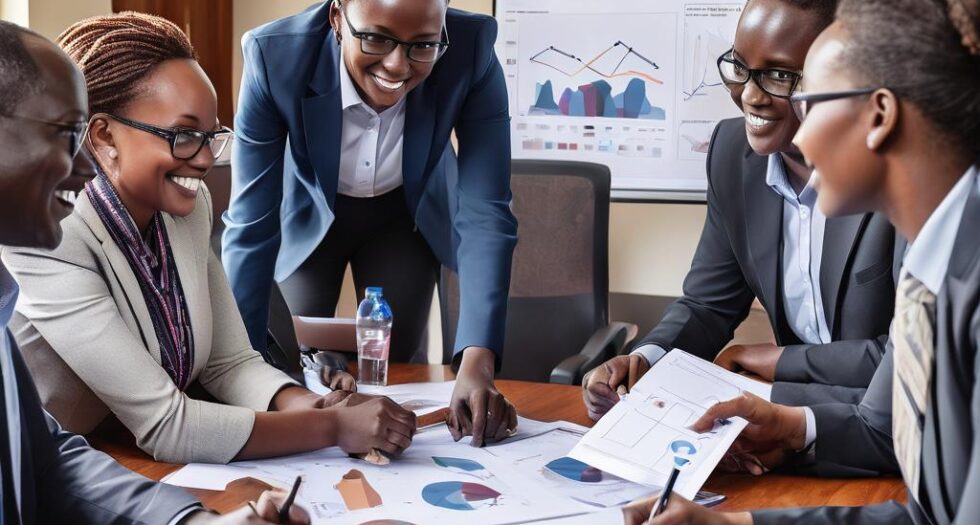A group of professionals engaged in a strategic meeting around a conference table, with charts, graphs, and fundraising materials displayed.