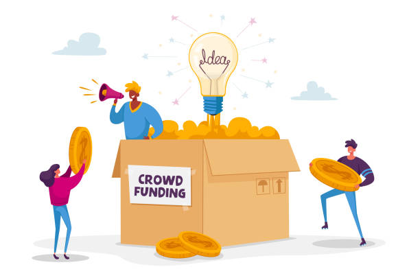Tiny Male and Female Characters Bring Golden Coins to Huge Box with Man Yelling to Megaphone. People Collect Money in Thrift-box Support Crowdfunding Project with Finance. Cartoon Vector Illustration