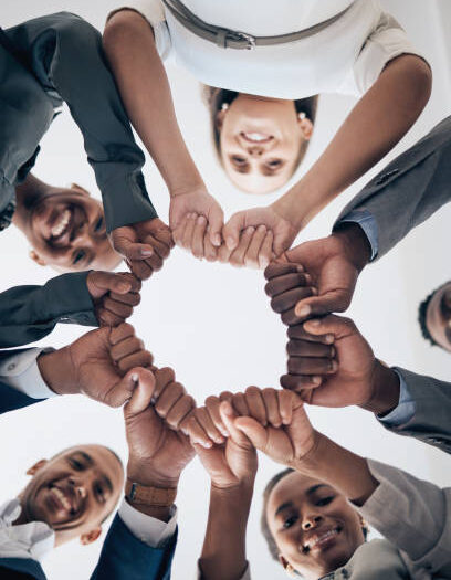Team building, community and fist or hands for support, trust and teamwork for networking, collaboration and trust. Business people, diversity and employee with motivation, vision and global success.