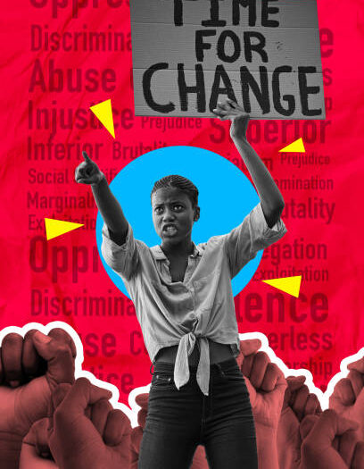 Poster, protest and woman with time for change sign isolated on studio background for human rights, racism or abuse. Speech, power and fist of african people pointing to government on red collage art