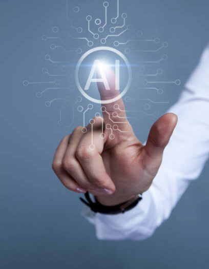 Woman hand pushing button with AI icon
