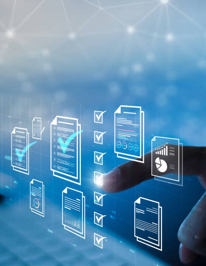 Document management concept, check electronic documents on digital documents on virtual screen Document Management System and process automation to efficiently document paperless operate