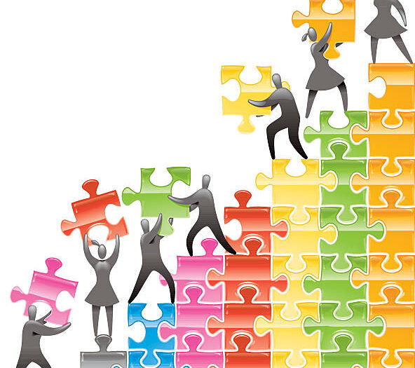 Team of stick figures building a colourful bar chart. Global colour used throughout. This format can be blown up to any size.